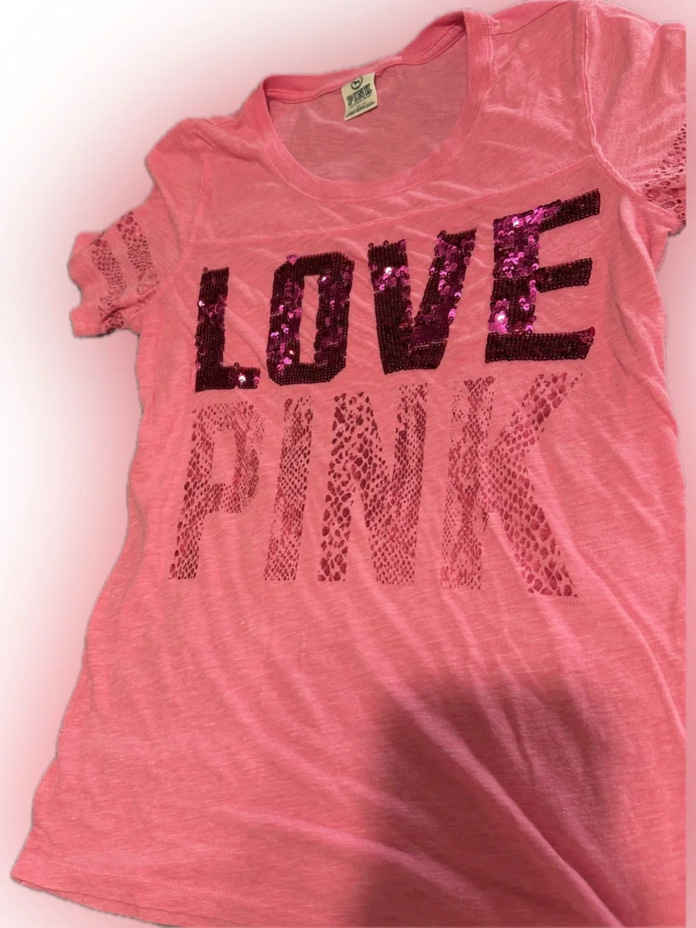 PINK Victoria's Secret Pink Sequin 'LOVE PINK' Short Sleeve Tee